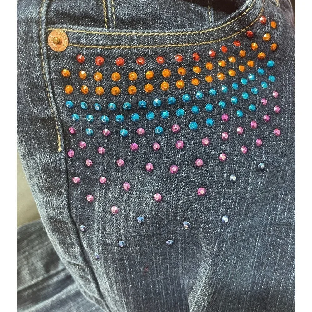 Justice Girls Embellished Jeans Rainbow Peace Design Size 14S (Slim)